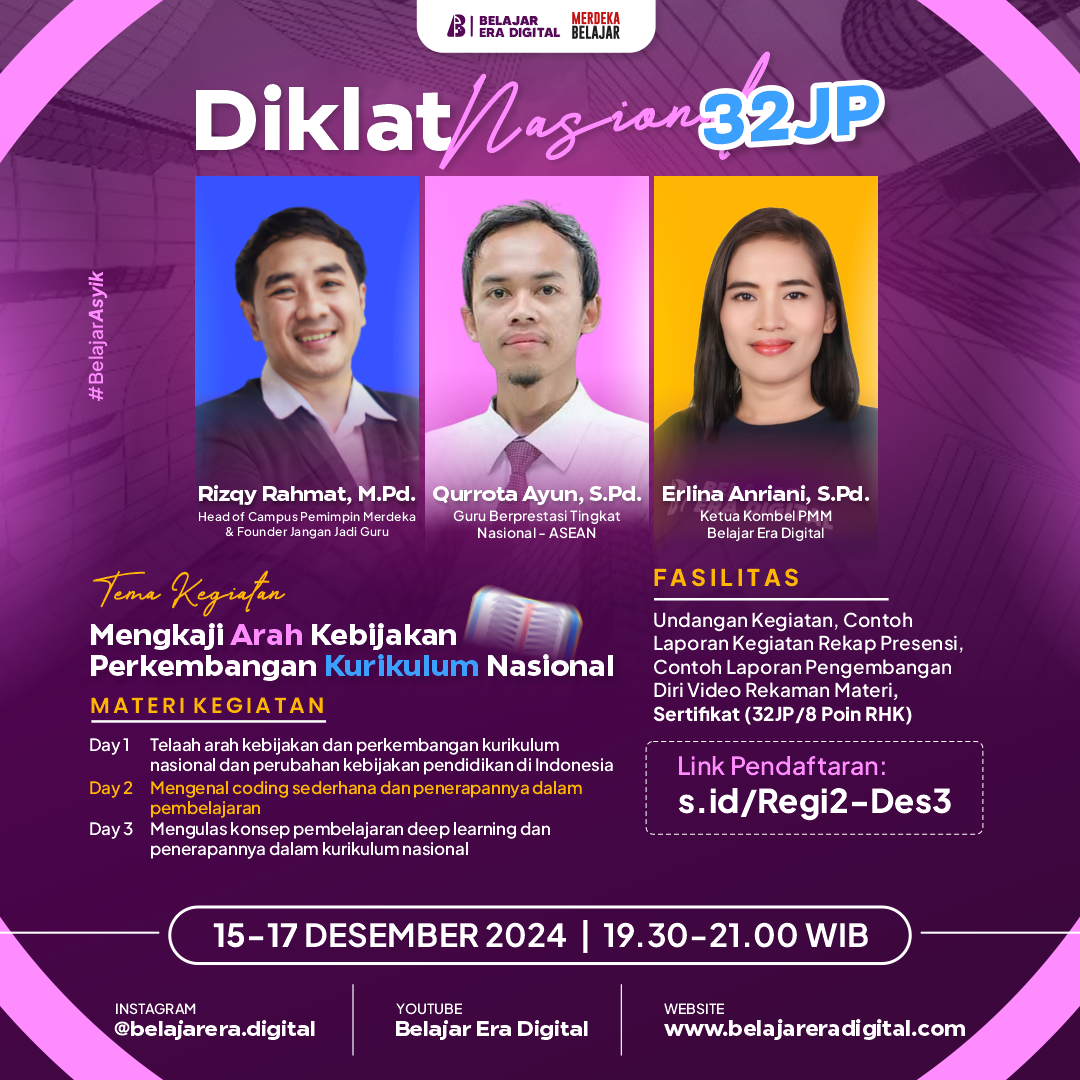 Diklat 32JP (8 Poin PMM) : Mengkaji Arah Kebijakan dan Perkembangan Kurikulum Nasional (15-17 Desember 2024)